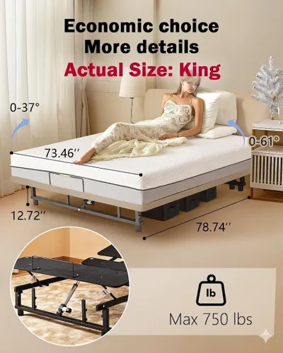 Miniatura 2 de Mixcous Marco de cama ajustable tamaño King con motor silencioso - Inclinación de cabeza y pie, gravedad cero, control remoto inalámbrico, fácil