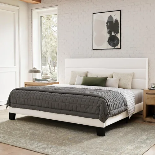 Miniatura 16 de GOLDORO Base de cama de plataforma de tamaño individual con cabecera tapizada, soporte de listones de madera, no necesita somier, fácil montaje