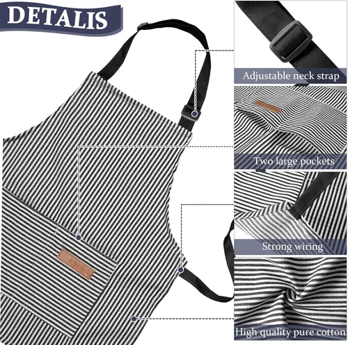 Miniatura 4 de Jiuguva 2 piezas de delantal para niños ajustable de algodón para niños pequeños con rayas de chef con 2 bolsillos para hornear para niños