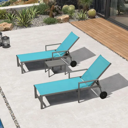 Miniatura 54 de PURPLE LEAF Juego de tumbonas para exteriores para 2 sillas de piscina de gran tamaño con ruedas fáciles de mover y respaldo ajustable, tumbonas