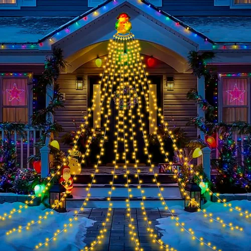 Miniatura 9 de Guirnalda de luces de cascada de Navidad para exteriores, luces de árbol de Navidad con 335 luces LED de 11.48 pies, 9 hebras, 8 modos