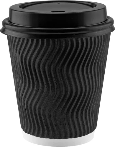 Miniatura 4 de NYHI Paquete de 100 vasos de papel negro de 10 onzas con tapas negras, popotes, tazas de café, desechables, sin BPA, aisladas, onduladas, vasos