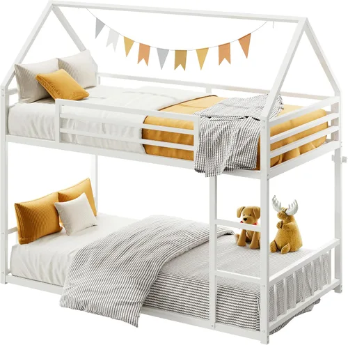 Miniatura 3 de LIKIMIO - Litera de tamaño individual sobre individual, estructura de cama litera con escalera y barandilla, en forma de casa con listones de metal