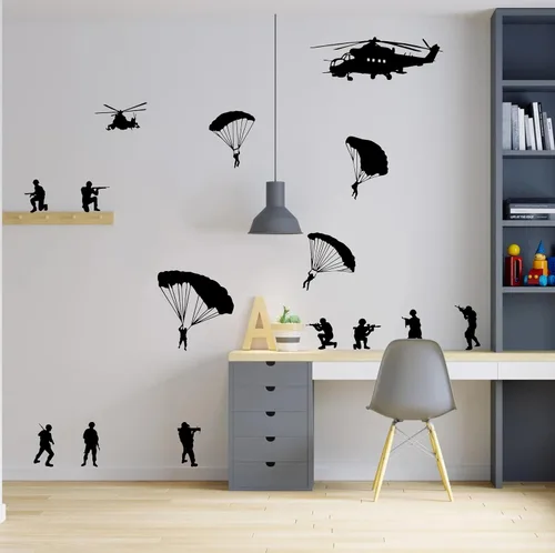 Miniatura 6 de Helicóptero y ejército hombres cubeta de soldados paracaidistas calcomanía de pared para decoración de habitación de niños, guardería, calcomanía