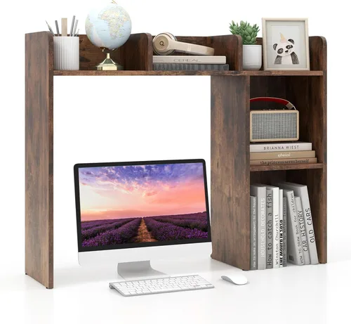 Miniatura 13 de LDAILY Desktop Bookshelf, 2-Tier Office Desk Shelf Organizer Desk Hutch with 4 Shelves, 37’’L Wood Storage Rack Display Shelf for Computer Desk