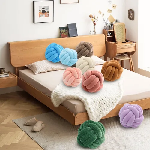 Miniatura 4 de Almohada Bola de Nudo Gris, Almohada Decorativa Hecha a Mano, Cojín Redondo Suave Anudado para Sofá y Dormitorio, Linda Decoración del Hogar