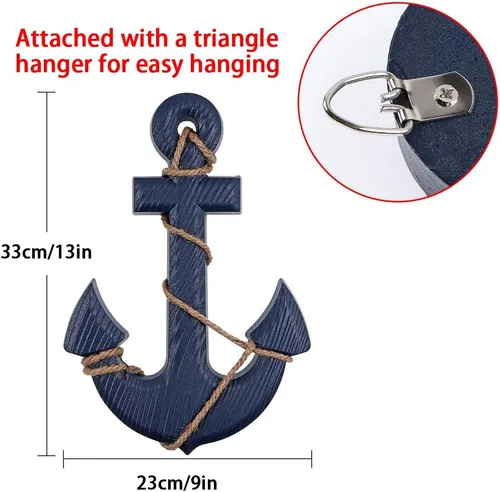 Miniatura 5 de MDLUU Volante náutico de madera, timón de barco pequeño y ancla, juego de decoración de pared de 11 pulgadas, rueda de timón azul marino, adorno