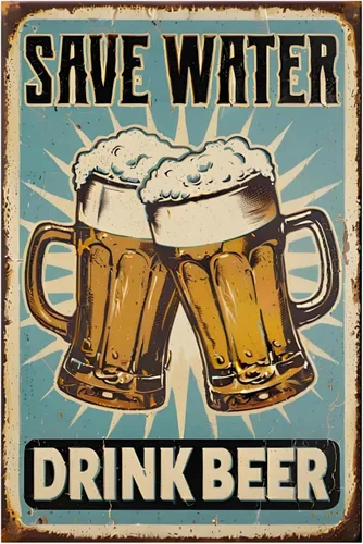 Letreros de Metal "Ahorra Agua Bebe Cerveza" Decoración para Bar en Casa - Gracioso Letrero de Hojalata con Lemas Retro, Perfecto para Bar de Cueva