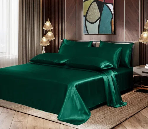 Miniatura 9 de Homiest Juego de sábanas de satén, tamaño matrimonial, 7 piezas de ropa de cama de satén en verde negruzco, sábana bajera de bolsillo profundo