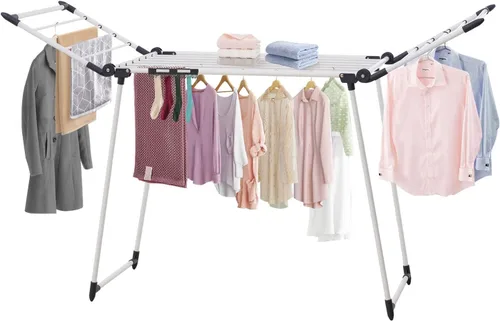 Estante de secado de ropa, estante de lavandería Gullwing, plegable, ahorro de espacio, con clips para calcetines, para ropa, toallas, ropa de cama,