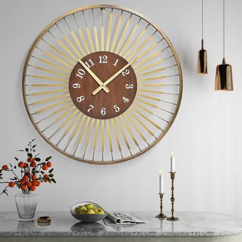 Reloj de pared moderno de mediados de siglo de 24 pulgadas, diseño de metal de marco redondo con centro de madera de nogal, movimiento de cuarzo F -