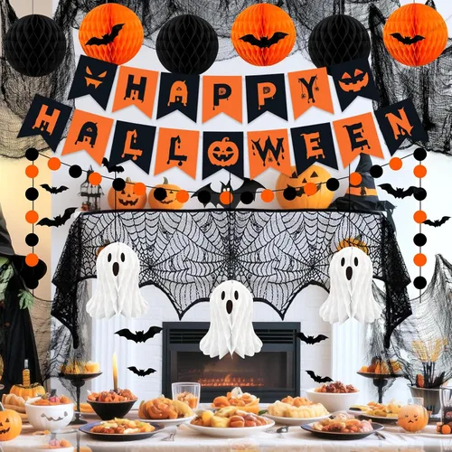 Miniatura 7 de Decoraciones de fiesta de Halloween, 29 piezas de decoración de interiores de Halloween con mantel de tela, tela espeluznante, colgante de fantasma
