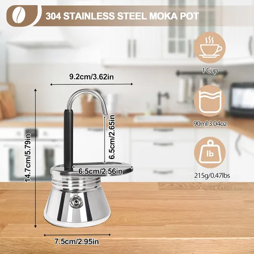 Miniatura 2 de Cafetera Moka de 1 Taza, Tubo Simple, sin Recubrimiento, de Acero Inoxidable Grueso 304, Mini Cafetera de Espresso para Estufa, Estilo Clásico