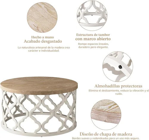 Miniatura 8 de Mesa de centro estilo casa de campo Karlott, mesa de café redonda de estilo campestre francés, mesa de café costera con parte superior desgastada