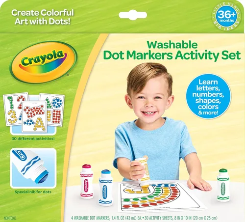 Crayola Juego de actividades de marcadores de puntos lavables, 30 páginas para colorear para niños pequeños y 4 marcadores lavables, pinturas de