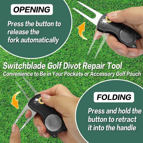 Miniatura 3 de FINGER TEN Herramienta de reparación de golf Divot y marcador de bola, paquete económico, plegable de acero inoxidable magnético con botón