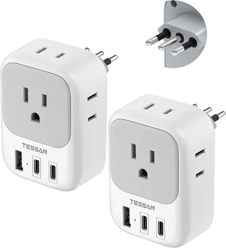 Adaptador de enchufe de viaje para Italia, 2 unidades, adaptador TESSAN tipo L para viajes con 4 tomacorrientes, 3 USB (2 USB-C), adaptador de