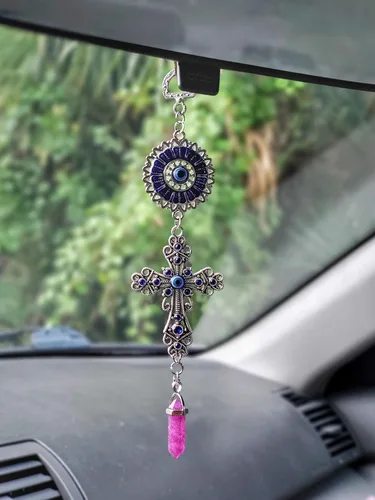 Miniatura 4 de LUCKBOOSTIUM Amuleto de cruz con incrustaciones de cristal azul y mandala azul de ojo malvado con piedra curativa colgante, dijes de naturaleza