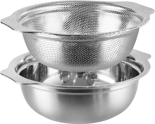 Miniatura 9 de Colador de acero inoxidable para cocina, colador de arroz de 2.5 cuartos con tazón para mezclar, juego de cuencos coladores con microporoso