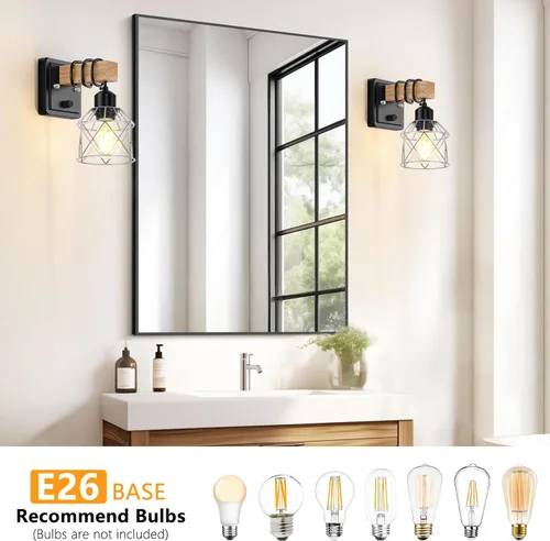 Miniatura 5 de FadimiKoo Juego de 2 apliques de pared, lámparas de pared de madera de cabecera con interruptor giratorio, lámpara de tocador de baño negra