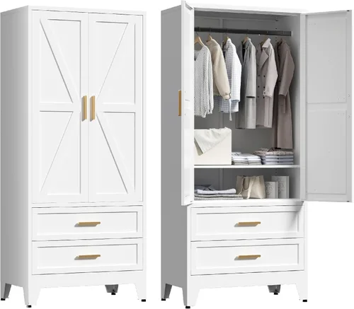 Miniatura 16 de Washsemba 180 cm de armario de metal para casa rural con barra para colgar, 2 armarios de granero con estantes ajustables, cajón, para comedor