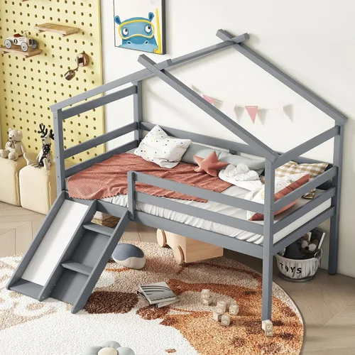 Cama baja de tamaño individual con tobogán y escalera, marco de cama con barandillas de seguridad y techo en forma de casa, para dormitorio,