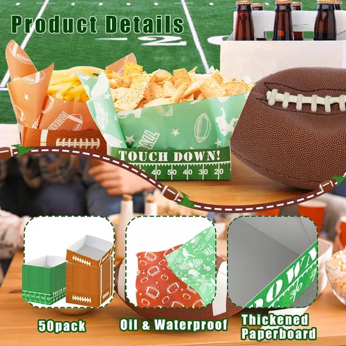 Miniatura 5 de Paquete de 50 bandejas de papel para fiestas de fútbol, decoraciones de fiesta de superbowl, papel desechable para servir alimentos, barcos