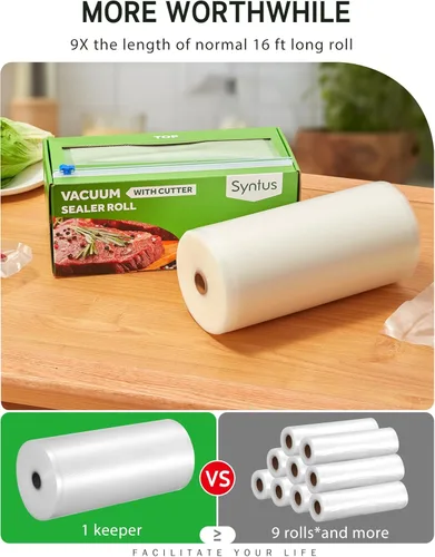 Miniatura 3 de Syntus - Rollo de sellado al vacío de 8" x 150' para alimentos con dispensador de corte, rollos de bolsas selladoras al vacío de grado comercial