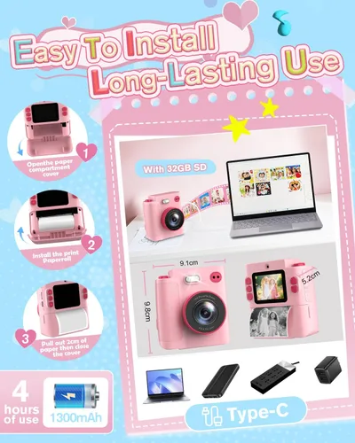 Miniatura 6 de Juguetes de cámara para niños de 3, 4, 5, 6, 7, 8, 9, 10 años, regalo de cumpleaños de Navidad con cámara digital HD 1080P, tarjeta SD de 32 GB, Rosa