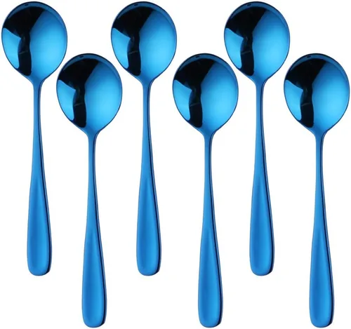 Miniatura 15 de Buyer Star Juegos de cucharas de caldo, cucharas de sopa redondas de 7 pulgadas, cucharas de cena de mesa con acabado de acero inoxidable Plateado