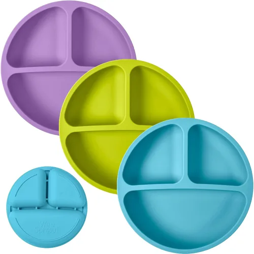 Platos de silicona 100% para niños pequeños | Juego de 3 piezas | Platos de bebé con división | No tóxicos, sin BPA | Apto para lavavajillas y Azul