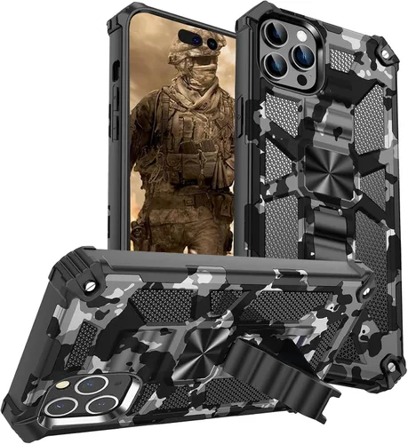 Miniatura 24 de CCSmall Funda de camuflaje para Apple iPhone 14 para hombres, protección resistente a prueba de golpes con función atril para iPhone 14 MC verde