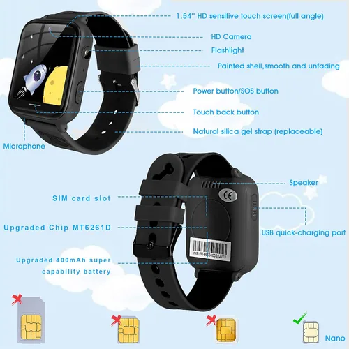 Miniatura 7 de OKYUK Reloj inteligente para niños, reproductor de MP3, reloj de música, teléfono con alarma de cámara, cámara SOS, llamada de 2 vías, reloj