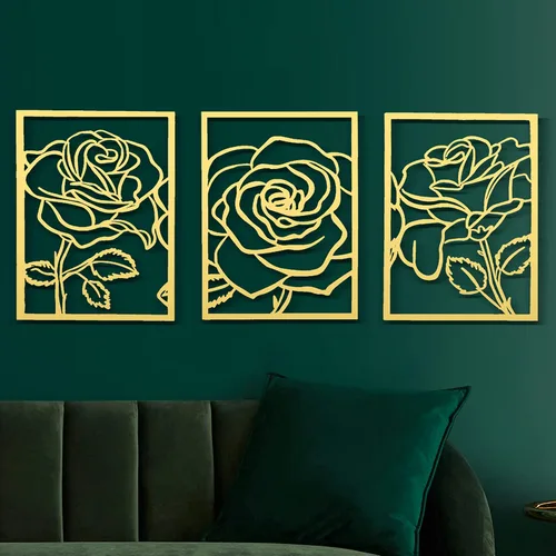Remenna Decoración de pared de metal, moderna, minimalista, arte de pared de rosas, escultura de pared, decoración de pared dorada para dormitorio,