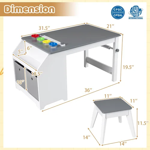 Miniatura 3 de HONEY JOY Juego de mesa y silla de arte para niños, juego de actividades de artesanía de madera con rollo de papel, estante de almacenamiento