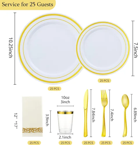 Miniatura 3 de Juego de vajilla de oro de 175 piezas para 25 invitados, platos desechables de plástico blanco con borde dorado resistentes para fiesta y boda