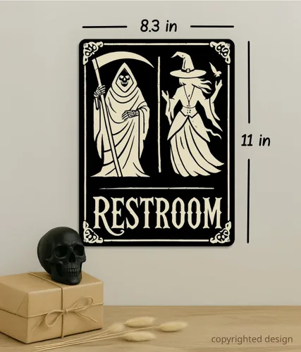 Miniatura 2 de Letrero de decoración de baño de Halloween – Parca y bruja, decoración espeluznante para baño, divertida placa de metal gótica de 11 x 8.3 pulgadas