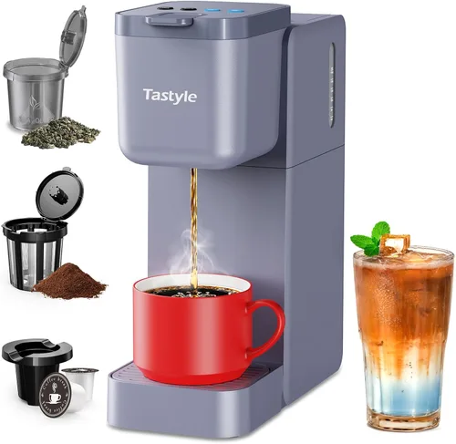 Tastyle Cafetera de una sola porción para cápsulas K, molido y té, máquinas de café caliente y helado con ajuste fuerte, tamaños de preparación de 6