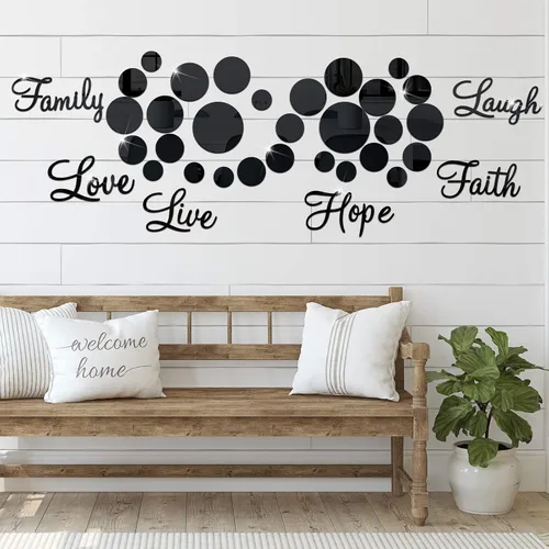 Miniatura 6 de Zonon Espejo acrílico 3D para decoración de pared, 6 palabras, bricolaje, fe, risa, esperanza, amor, familia, espejo, decoración de pared, 26 Negro