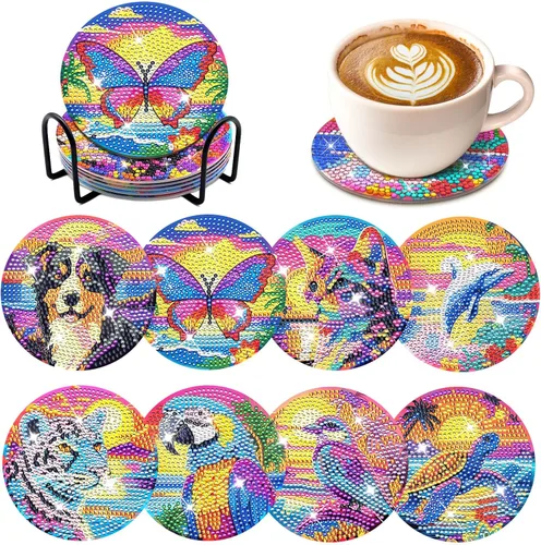 FILASLFT Kit de posavasos de arte de diamantes con soporte, paquete de 8 diseños de animales, redondo de 3.9 pulgadas, incluye almohadillas de