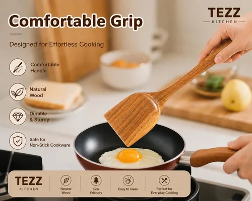 Miniatura 2 de Juego de utensilios de cocina de madera, 5 cucharas de madera de acacia natural para cocinar para sartén antiadherente, juego de utensilios