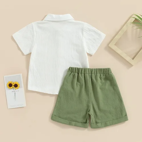 Miniatura 3 de Karuedoo Conjunto de 2 piezas de ropa de algodÃ³n y lino de manga corta con botones y pantalones cortos para el verano