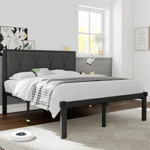 Miniatura 7 de Einhomn - Base de cama de tamaño completo de metal, cama de plataforma con cabecera tapizada con botones, 30 cm de almacenamiento debajo de la cama