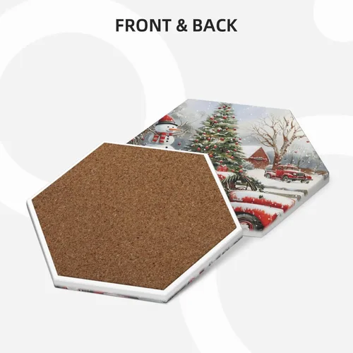 Miniatura 2 de Juego de 4 posavasos de invierno de Navidad para bebidas, camión rojo, árbol de Navidad, posavasos de cerámica absorbentes para mesa de café, bar