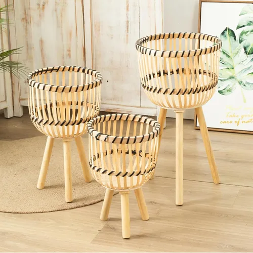 Miniatura 8 de Soporte tejido de bambú para macetas con patas de madera, cesta de ratán interior, macetas, soporte tejido para plantas de interior, soporte