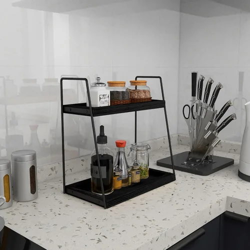 Miniatura 4 de Dorhors Organizador de encimera de baño de 2 niveles, organizador de tocador para encimera de baño, estante de madera para cocina (negro)