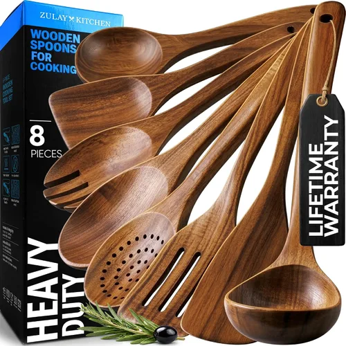 Zulay Kitchen - Cucharas de madera premium de 8 piezas, acabado liso, madera de teca natural, antiadherentes, hechas a mano
