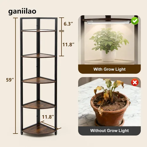 Miniatura 6 de Soporte de esquina para plantas con estante de luz de crecimiento, soporte para plantas de 59 pulgadas de alto, soporte para flores de 59 pulgadas