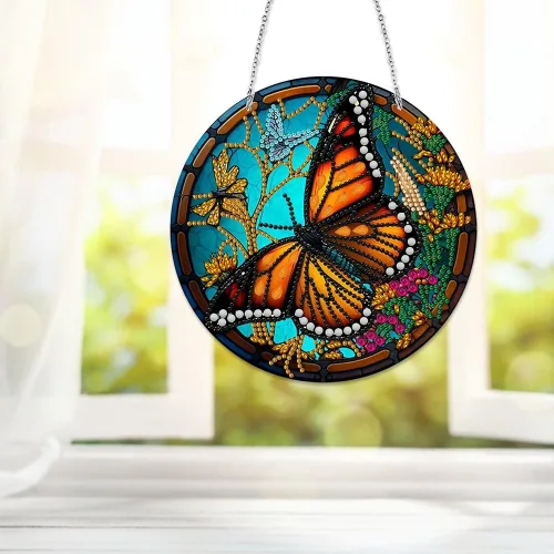 Miniatura 8 de LUSandy Kit de pintura de diamante de mariposa 5D para bricolaje, letrero de arte de pared, diseño de mariposa, diamante, atrapasoles, adorno
