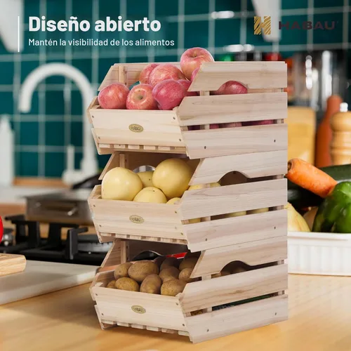 Miniatura 2 de Contenedores de almacenamiento de cebolla de patata de madera, cesta apilable de madera, almacenamiento de frutas y verduras para organización
